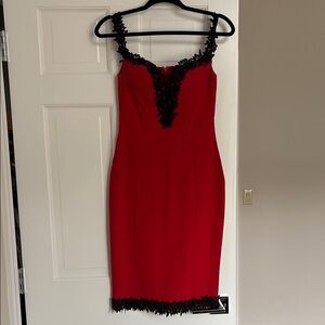 Rare London Off Shoulder Red Dress with Black Lace Trim